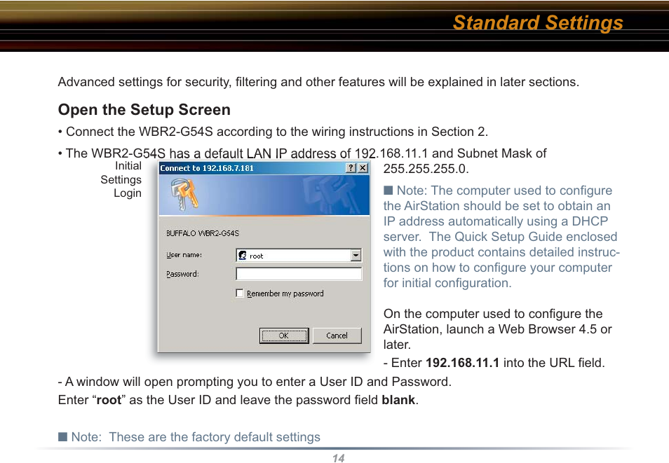 Standard settings, Open the setup screen | Buffalo Technology WBR2-G54S User Manual | Page 14 / 95
