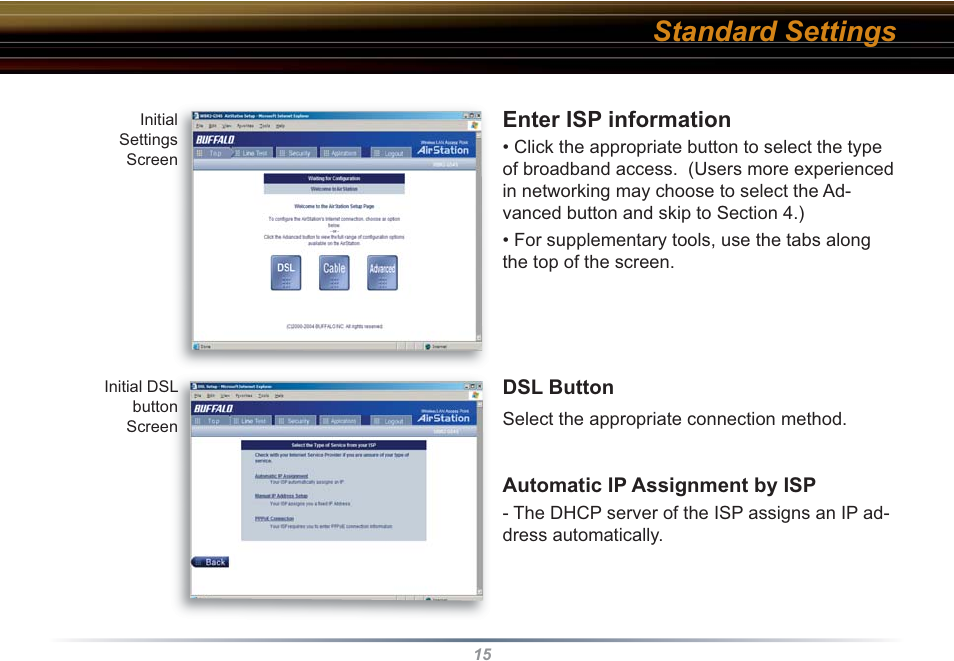 Standard settings, Enter isp information | Buffalo Technology WBR2-G54S User Manual | Page 15 / 95