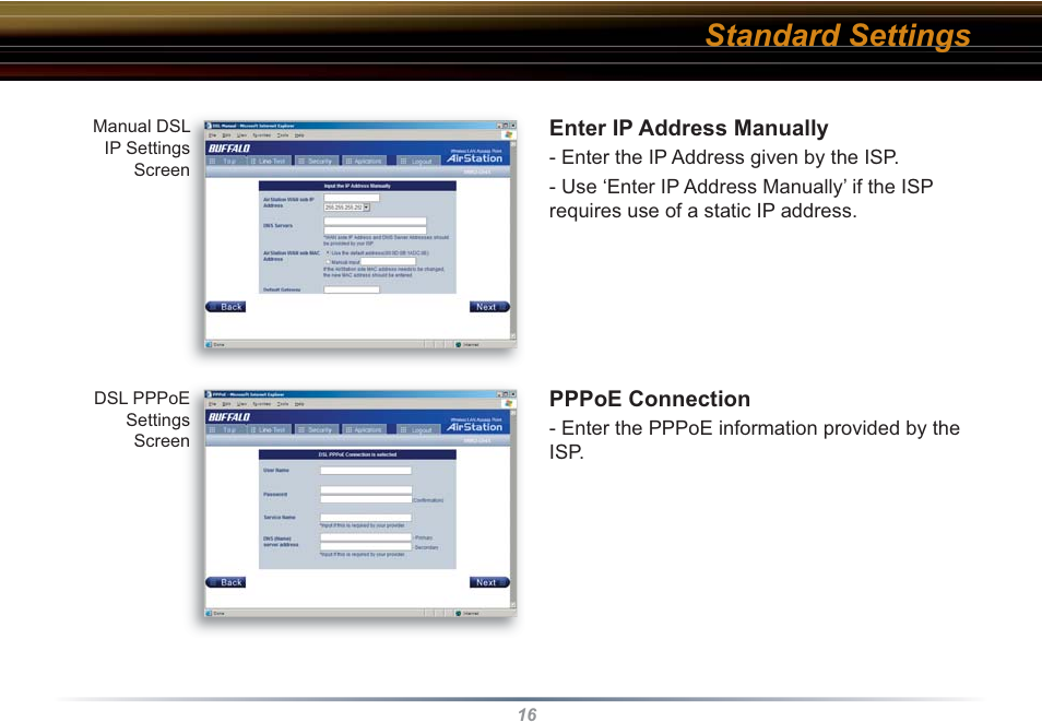 Standard settings | Buffalo Technology WBR2-G54S User Manual | Page 16 / 95