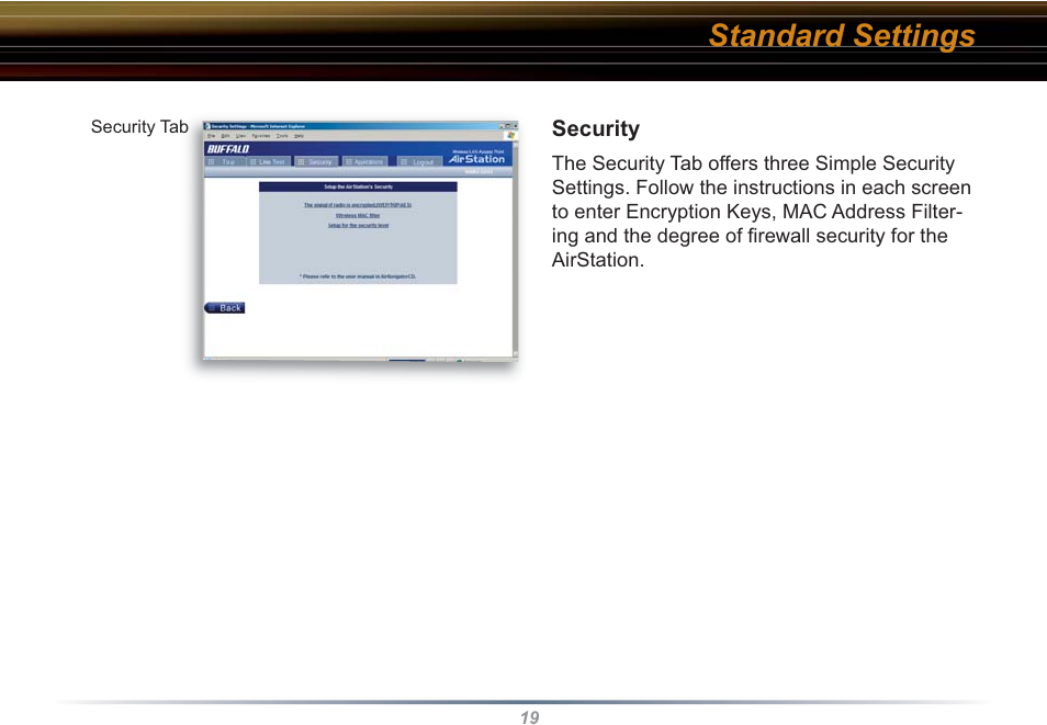 Standard settings | Buffalo Technology WBR2-G54S User Manual | Page 19 / 95