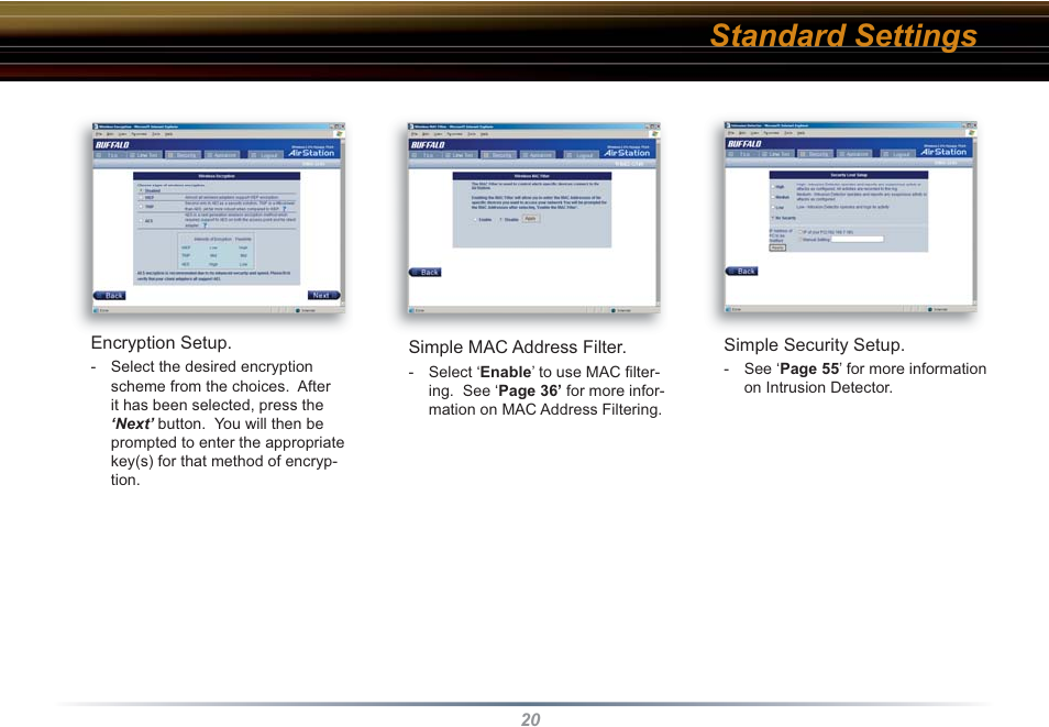 Standard settings | Buffalo Technology WBR2-G54S User Manual | Page 20 / 95