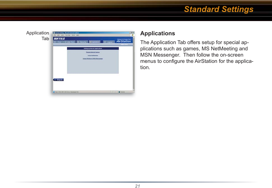 Standard settings | Buffalo Technology WBR2-G54S User Manual | Page 21 / 95