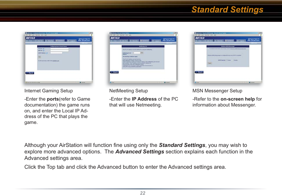 Standard settings | Buffalo Technology WBR2-G54S User Manual | Page 22 / 95