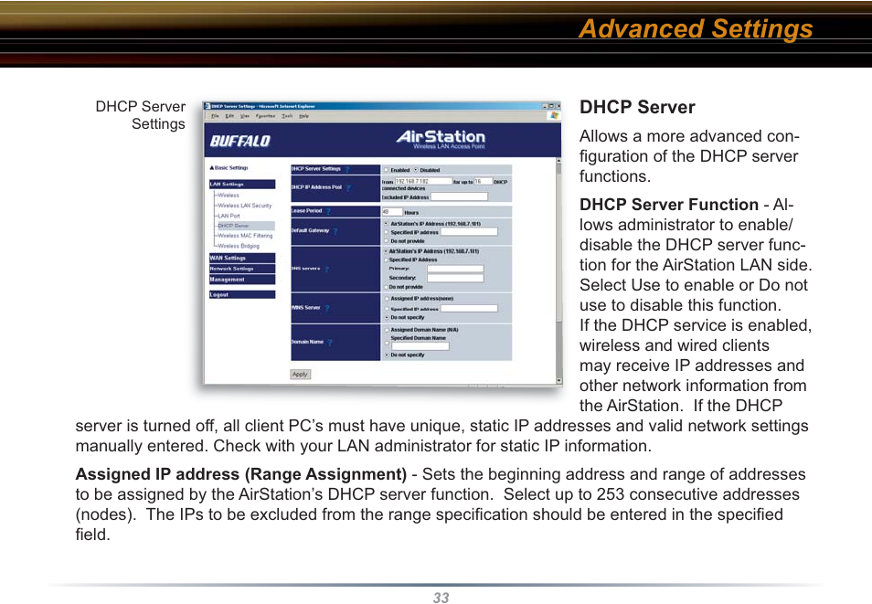 Advanced settings | Buffalo Technology WBR2-G54S User Manual | Page 33 / 95