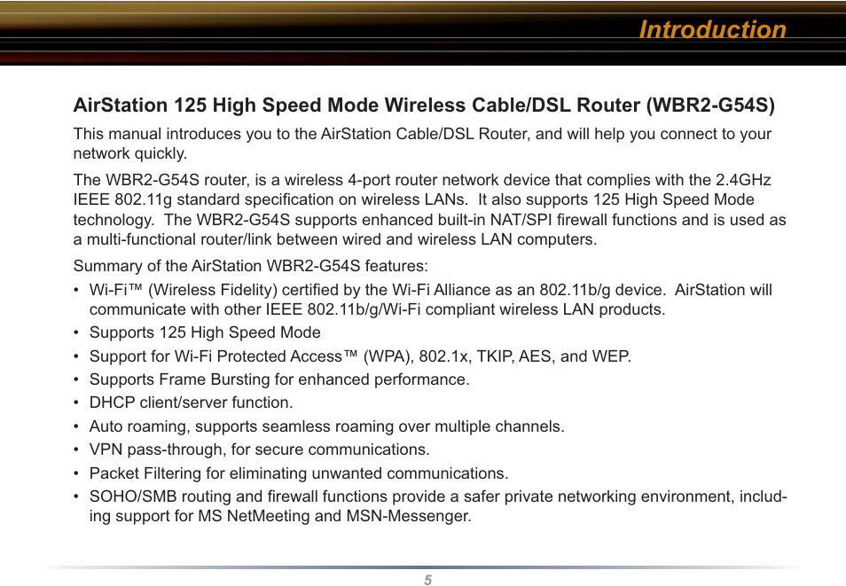 Introduction | Buffalo Technology WBR2-G54S User Manual | Page 5 / 95