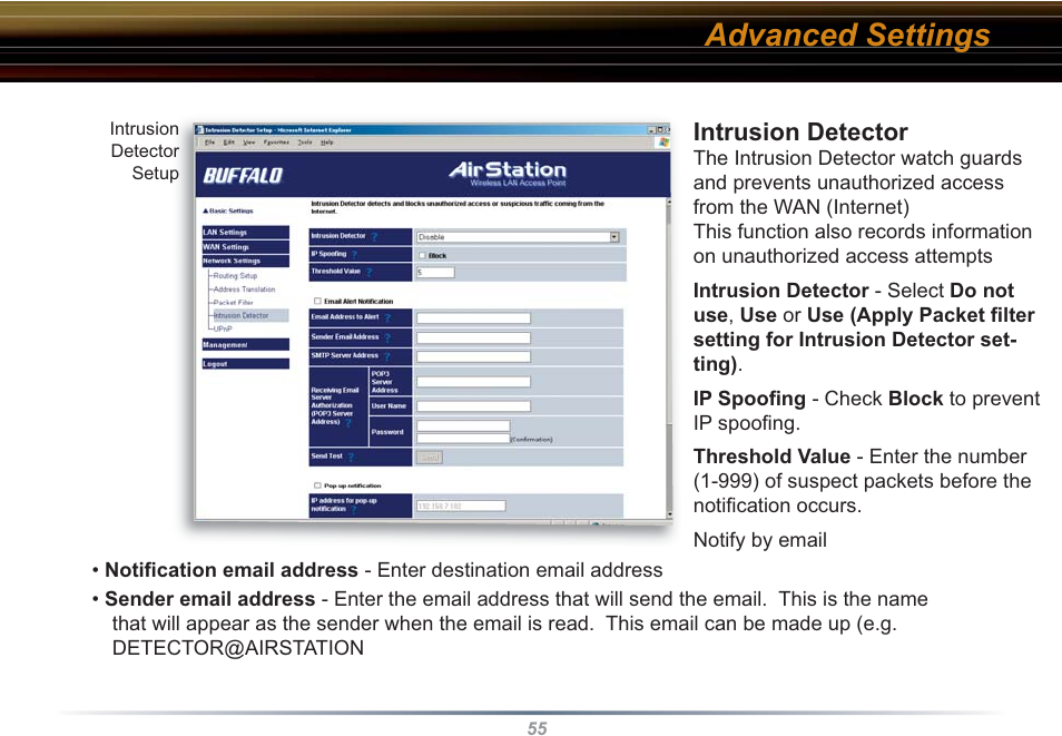 Advanced settings, Intrusion detector | Buffalo Technology WBR2-G54S User Manual | Page 55 / 95