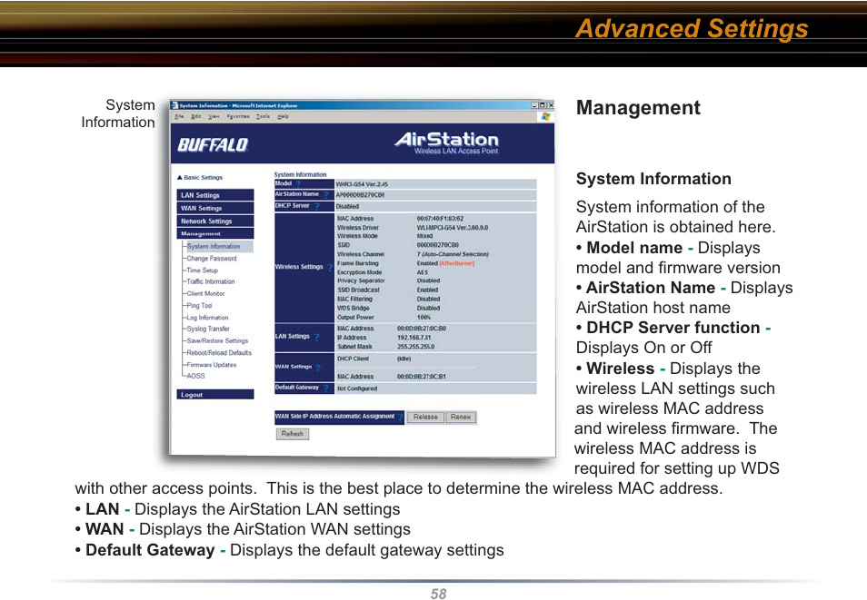 Advanced settings, Management | Buffalo Technology WBR2-G54S User Manual | Page 58 / 95