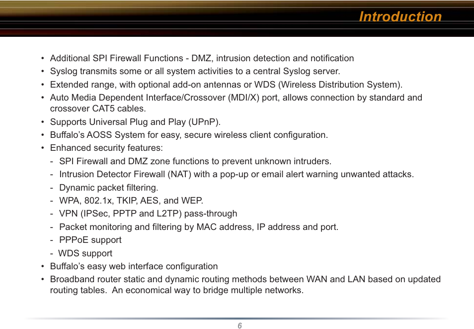 Introduction | Buffalo Technology WBR2-G54S User Manual | Page 6 / 95