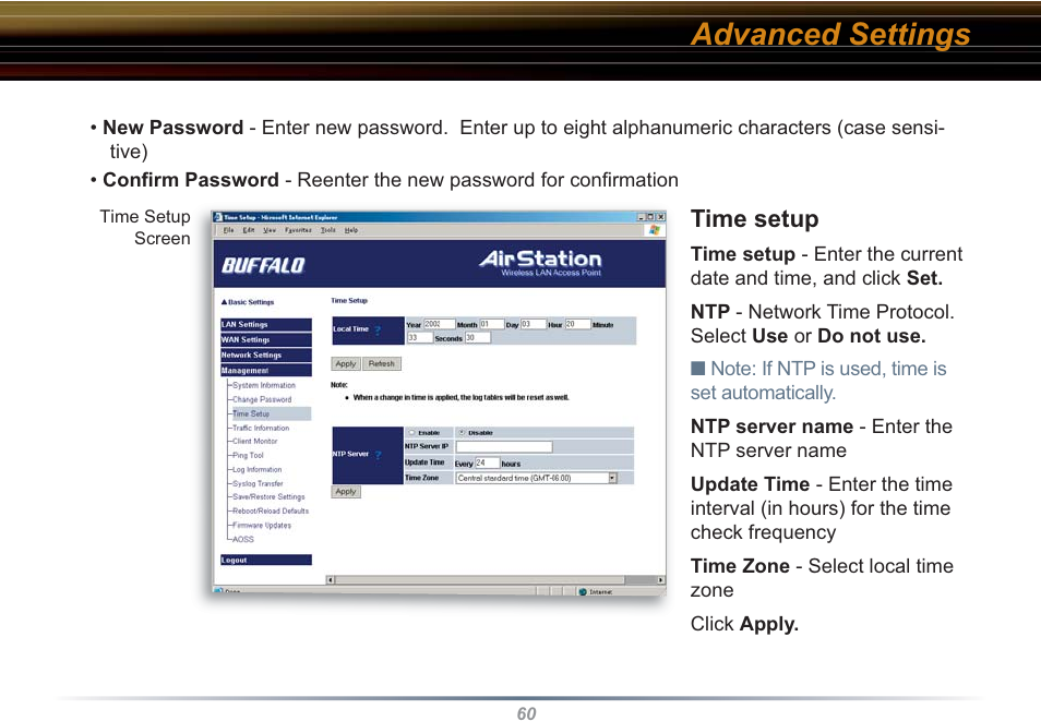 Advanced settings, Time setup | Buffalo Technology WBR2-G54S User Manual | Page 60 / 95