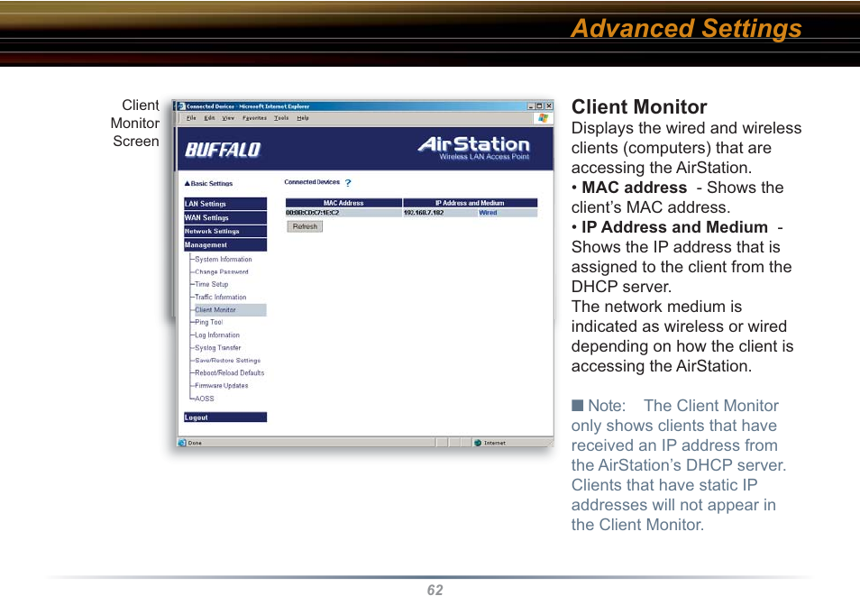 Advanced settings | Buffalo Technology WBR2-G54S User Manual | Page 62 / 95