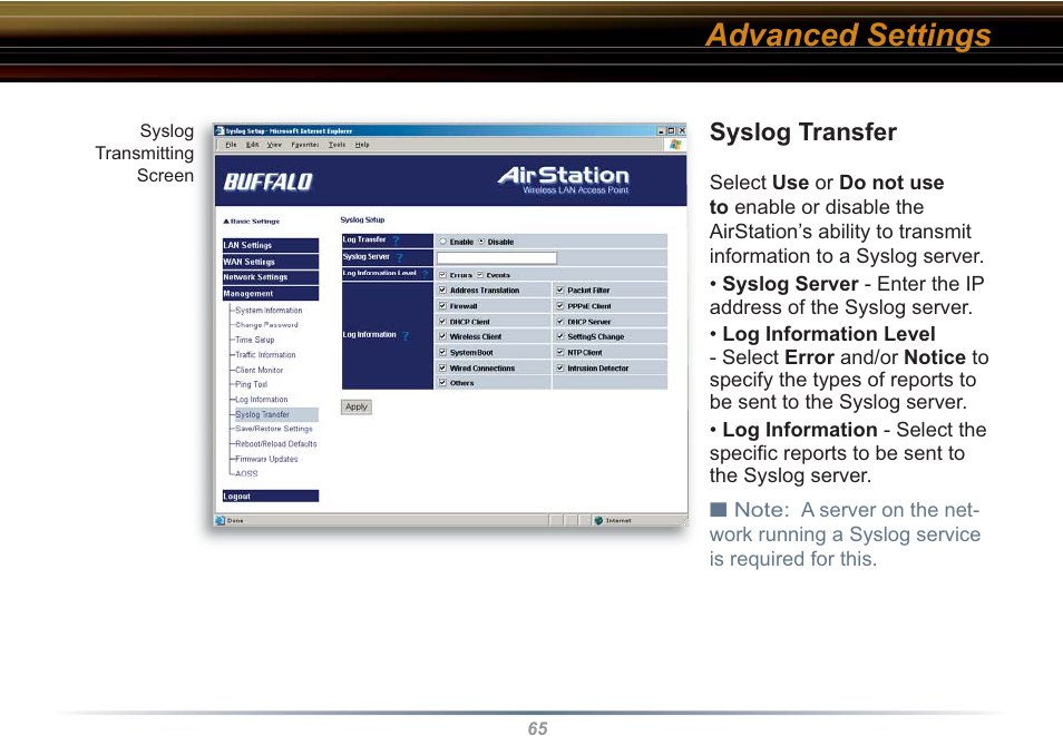 Advanced settings | Buffalo Technology WBR2-G54S User Manual | Page 65 / 95