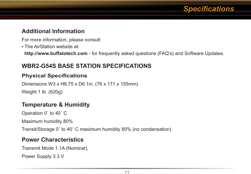 Speciﬁ cations | Buffalo Technology WBR2-G54S User Manual | Page 71 / 95