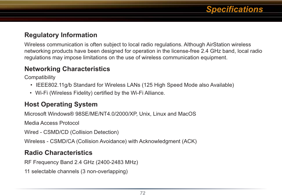 Speciﬁ cations | Buffalo Technology WBR2-G54S User Manual | Page 72 / 95