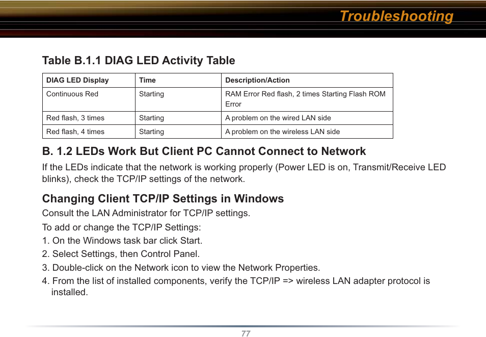 Troubleshooting, Table b.1.1 diag led activity table, Changing client tcp/ip settings in windows | Buffalo Technology WBR2-G54S User Manual | Page 77 / 95