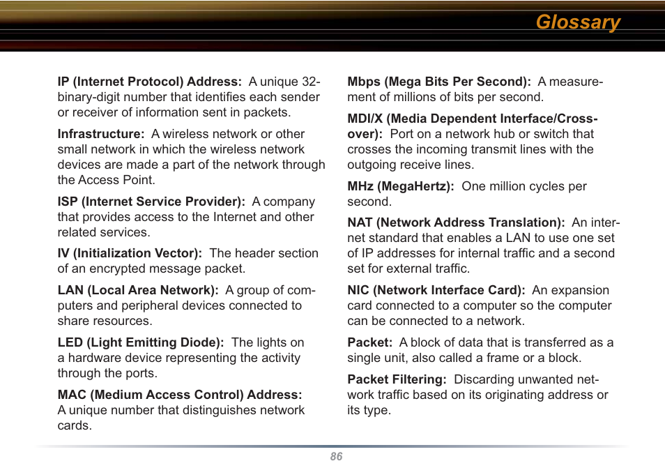 Glossary | Buffalo Technology WBR2-G54S User Manual | Page 86 / 95