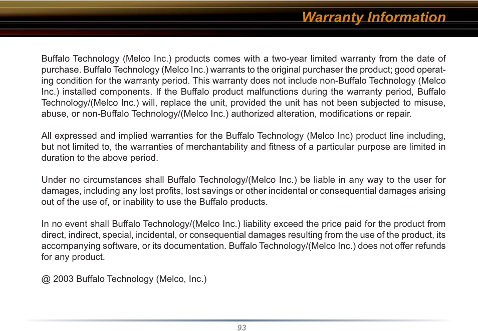Warranty information | Buffalo Technology WBR2-G54S User Manual | Page 93 / 95