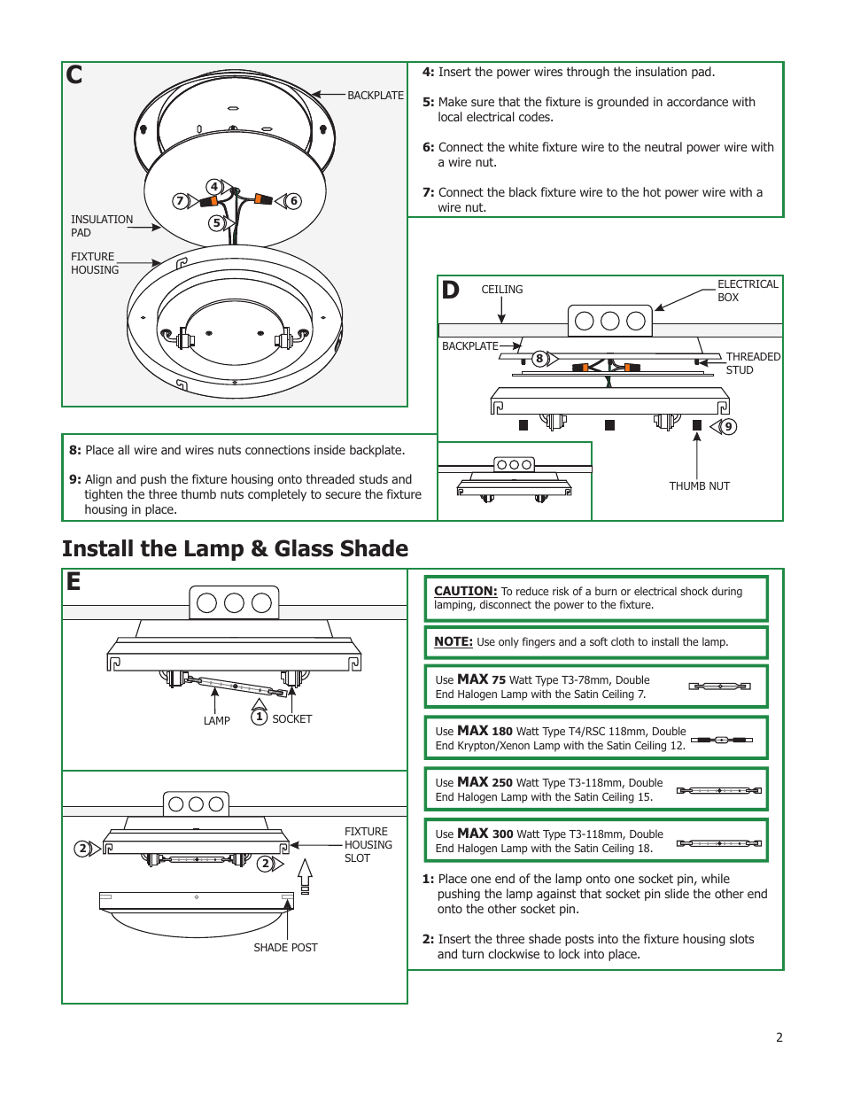 Install the lamp & glass shade | Edge Lighting Satin Ceiling User Manual | Page 2 / 2