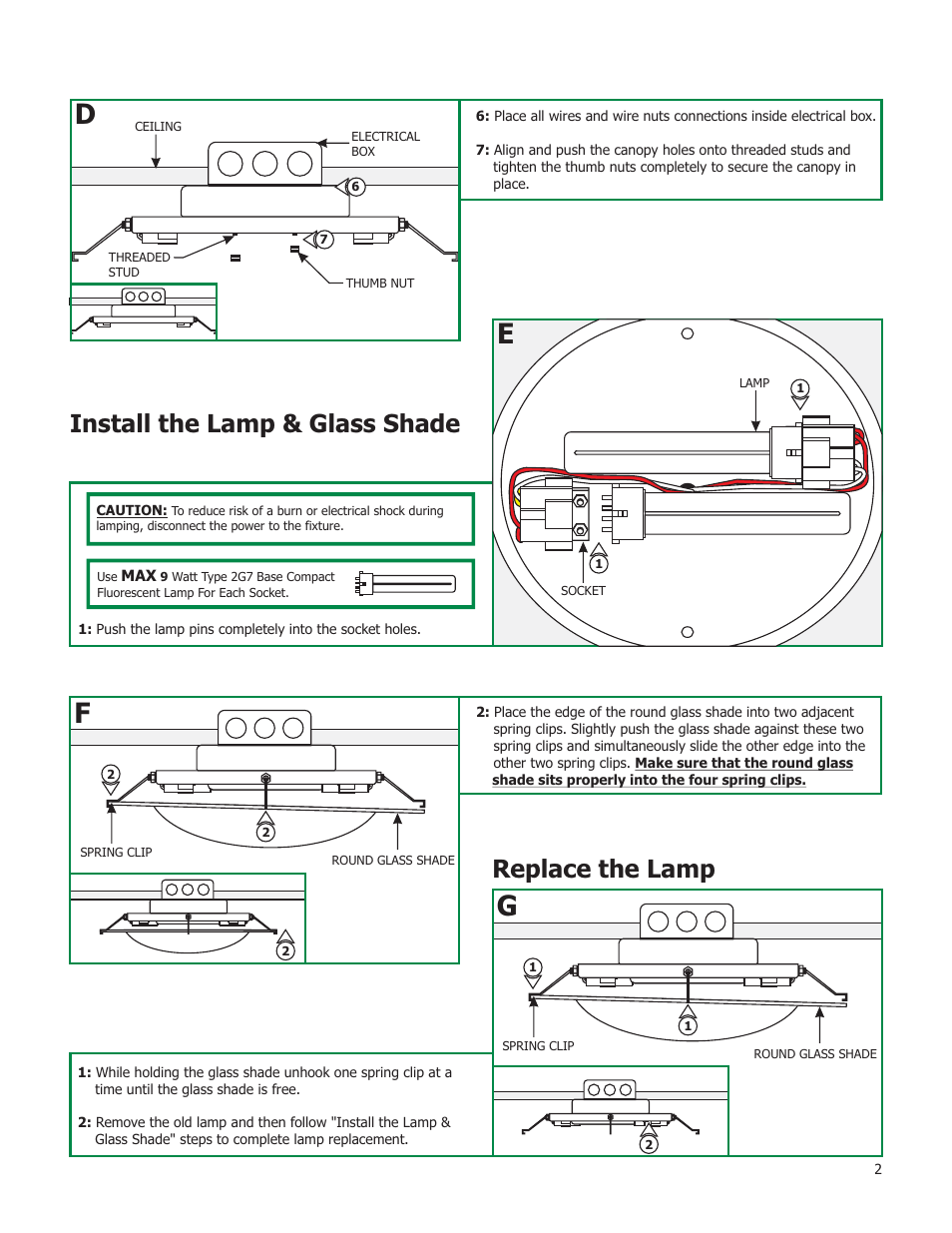Install the lamp & glass shade, Replace the lamp | Edge Lighting Vanilla Sky Round User Manual | Page 2 / 2