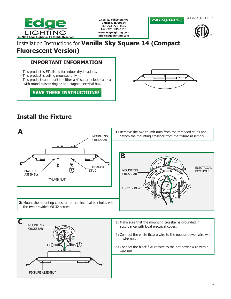 Edge Lighting Vanilla Sky Square User Manual | 2 pages
