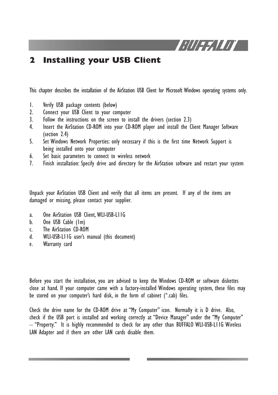 2installing your usb client | Buffalo Technology WLI-USB-L11G User Manual | Page 11 / 32