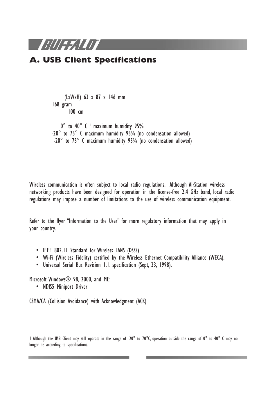 A. usb client specifications, Physical specifications power characteristics, Networking characteristics regulatory information | Buffalo Technology WLI-USB-L11G User Manual | Page 20 / 32