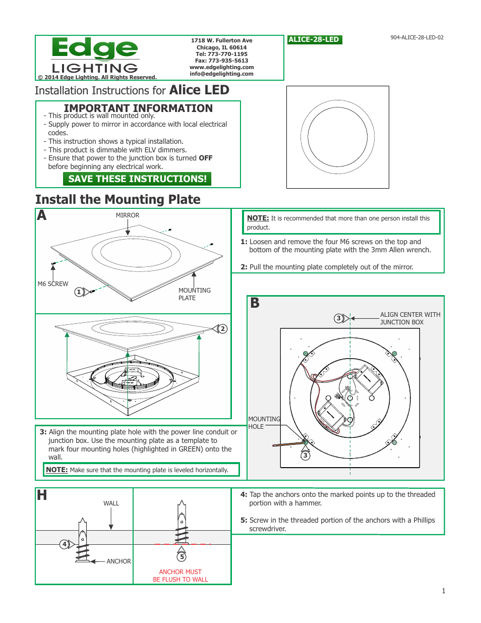 Edge Lighting Alice Mirror LED - Dimmable User Manual | 2 pages