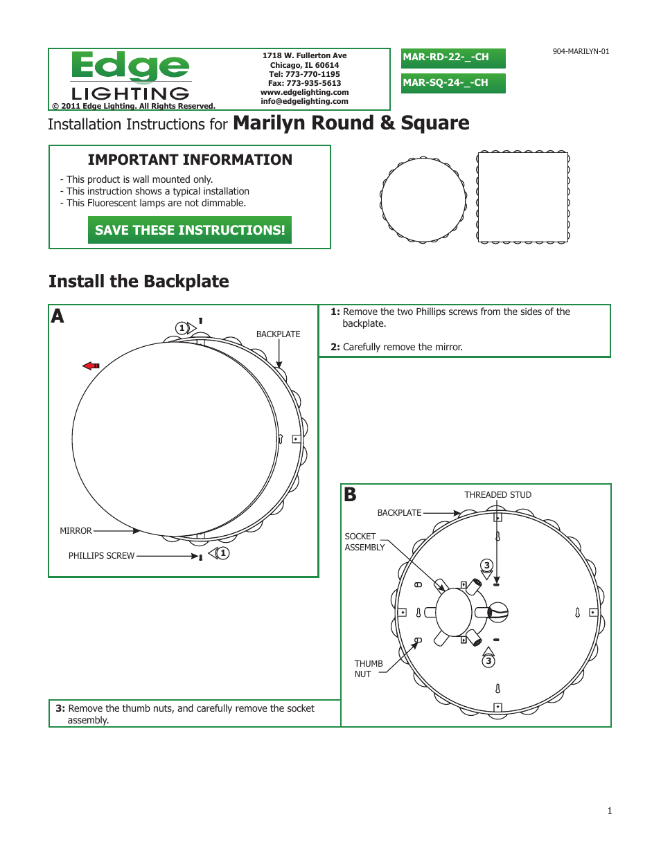 Edge Lighting Marilyn Square User Manual | 3 pages