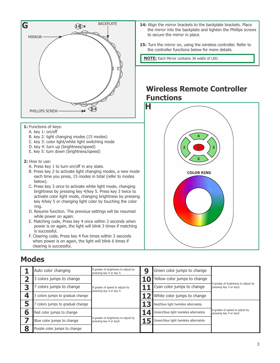 Wireless remote controller functions, 1modes | Edge Lighting Marilyn Moods RGB User Manual | Page 3 / 3