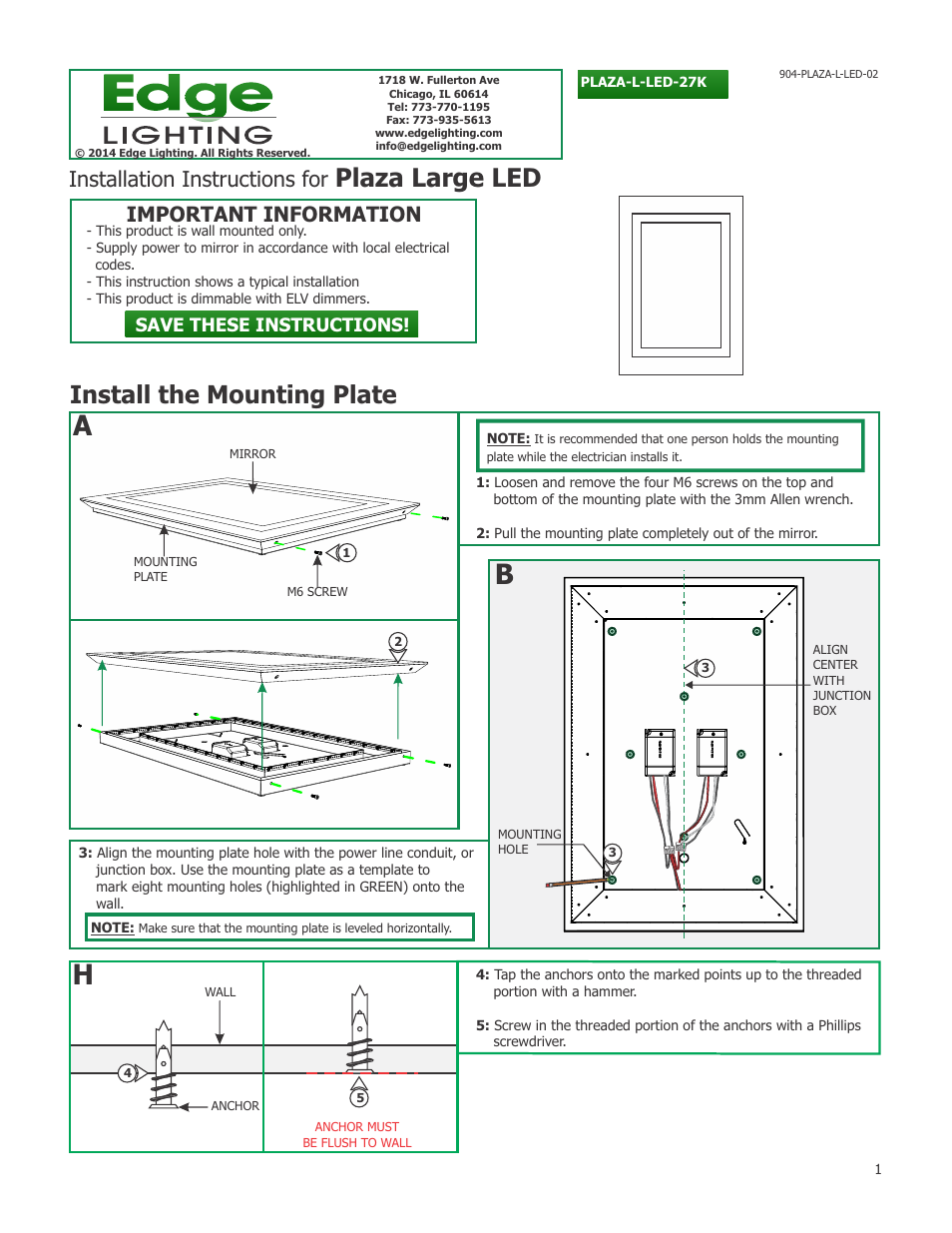 Edge Lighting Plaza Large LED - Dimmable User Manual | 2 pages