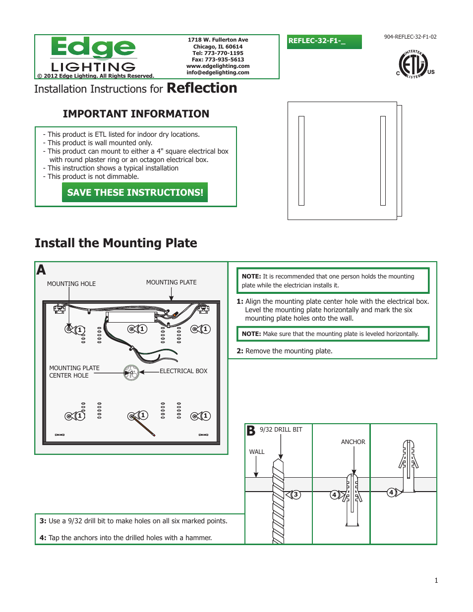 Edge Lighting Reflection User Manual | 2 pages