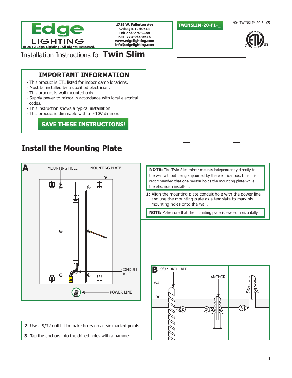 Edge Lighting Twin Slim Dimmable User Manual | 2 pages