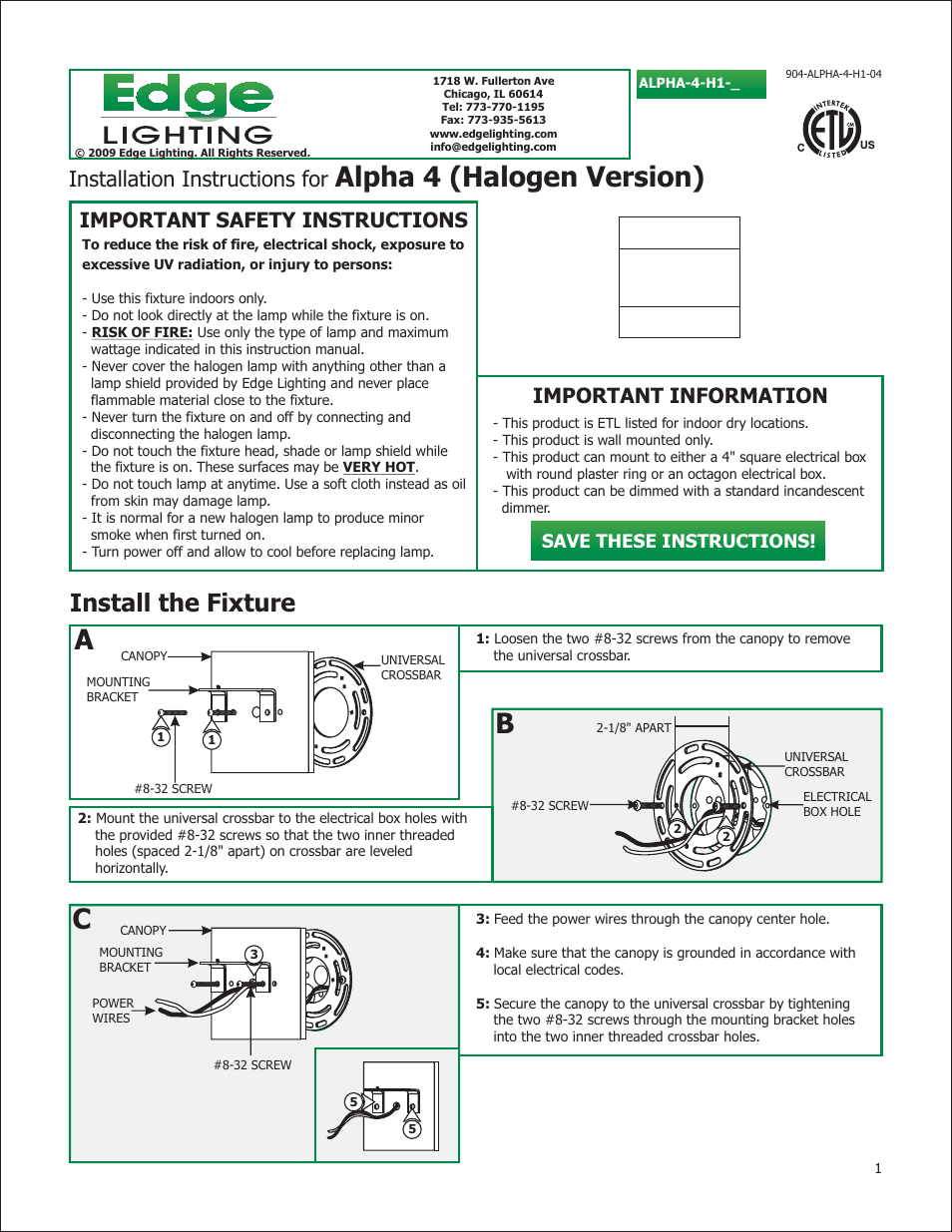 Edge Lighting Alpha User Manual | 2 pages