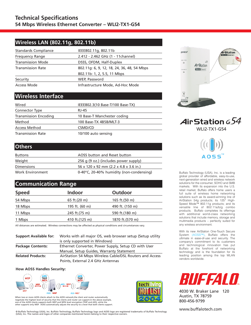 Wireless interface, Technical specifications, Communication range | Others, Speed indoor outdoor | Buffalo Technology WIRELESS ETHERNET CONVERTER WLI2-TX1-G54 User Manual | Page 2 / 2