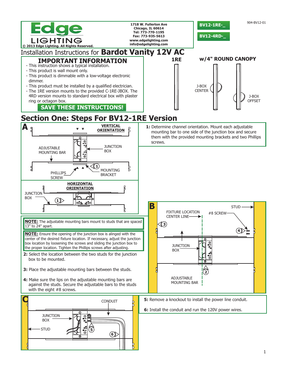 Edge Lighting Bardot Vanity User Manual | 4 pages