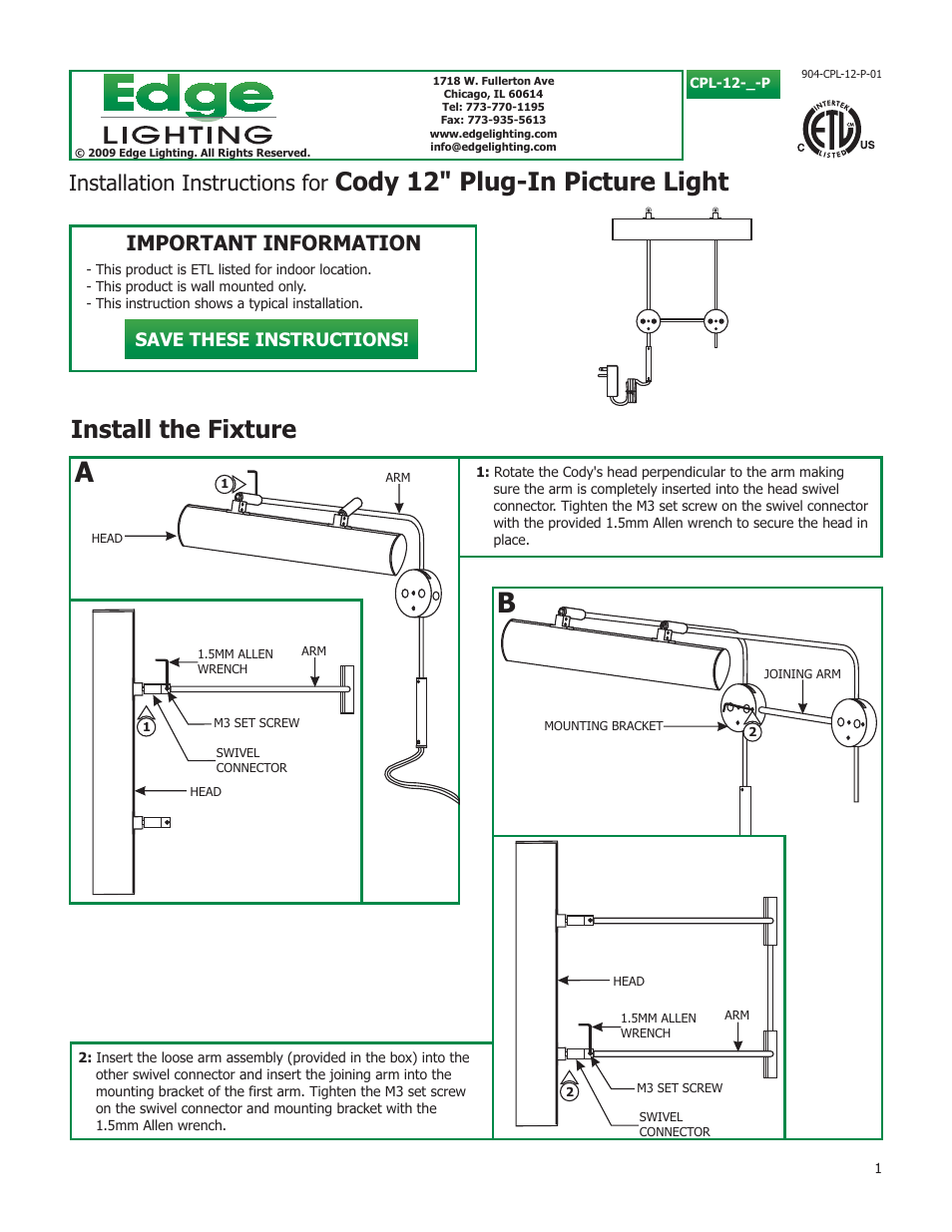 Edge Lighting Cody LED Picture Light User Manual | 4 pages