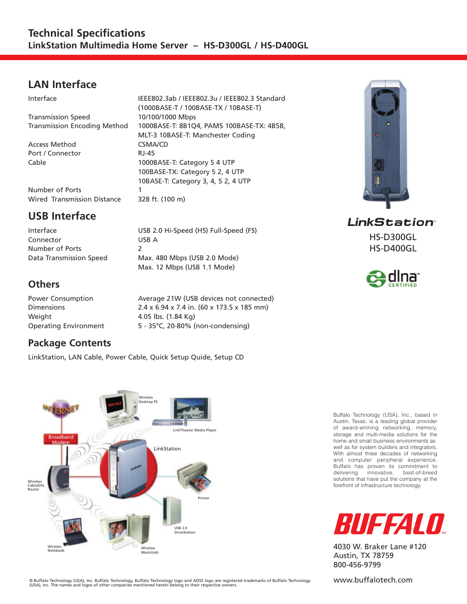 Links tation, Lan interface, Usb interface | Technical specifications, Others, Package contents | Buffalo Technology LinkStation HS-D400GL User Manual | Page 2 / 2