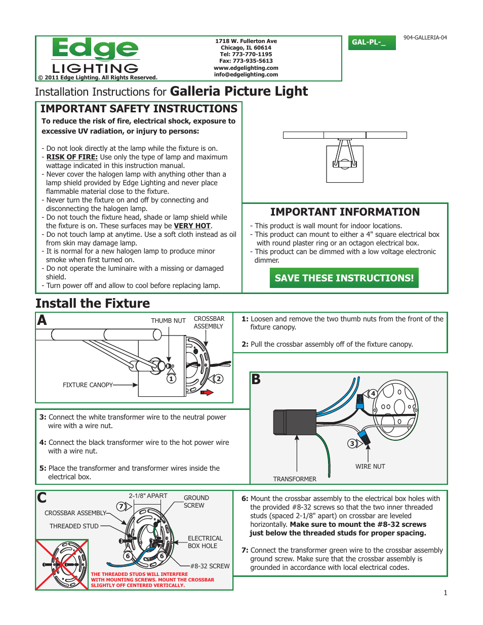 Edge Lighting Galleria Picture Light User Manual | 2 pages