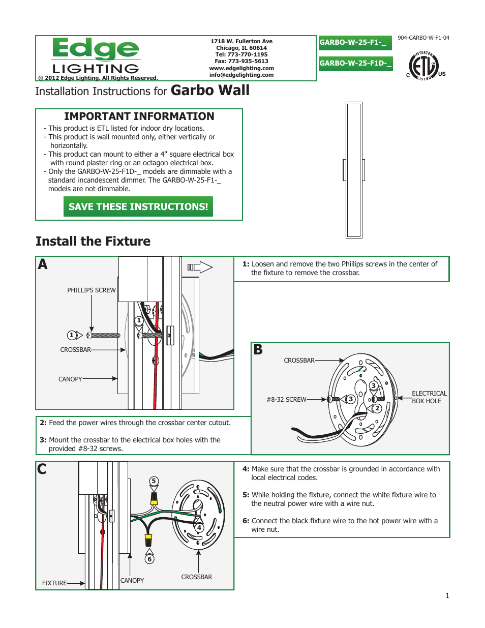 Edge Lighting Garbo User Manual | 2 pages