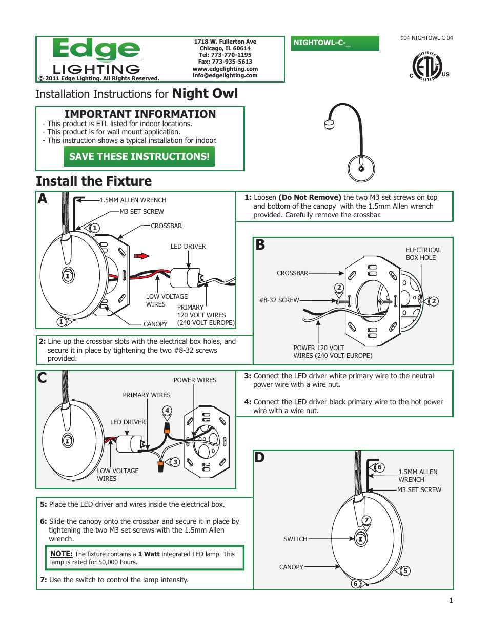 Edge Lighting Night Owl LED User Manual | 1 page