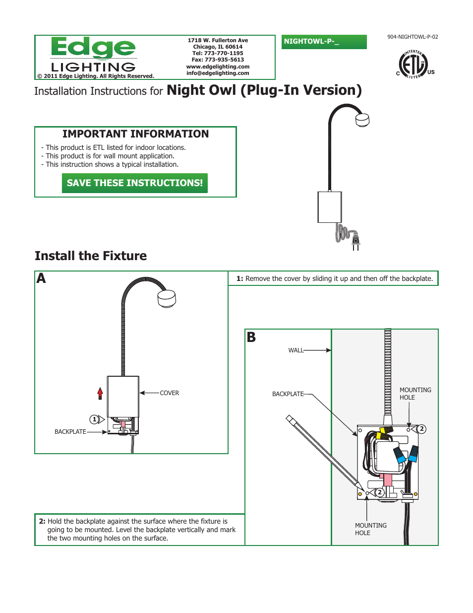 Edge Lighting Night Owl LED User Manual | 2 pages