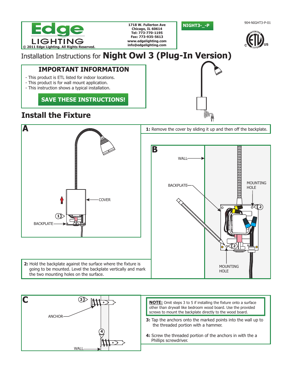 Edge Lighting Night Owl 3 LED User Manual | 2 pages