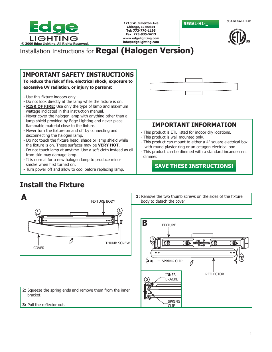 Edge Lighting Regal User Manual | 3 pages