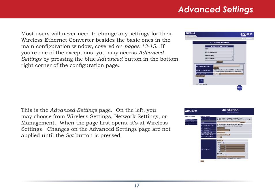 Advanced settings | Buffalo Technology WLI-TX4-G54HP User Manual | Page 17 / 30