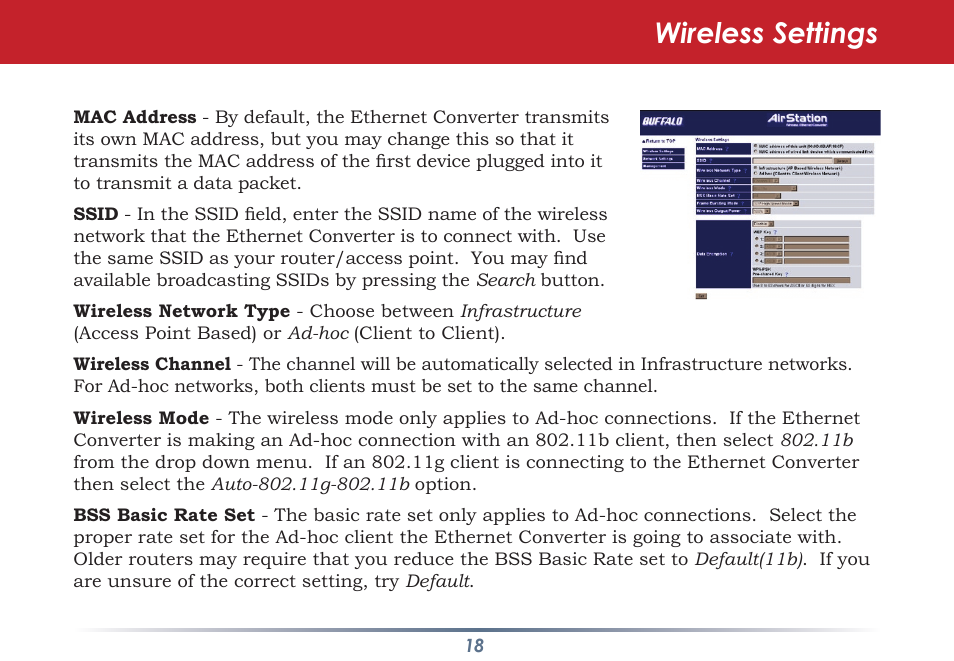 Wireless settings | Buffalo Technology WLI-TX4-G54HP User Manual | Page 18 / 30