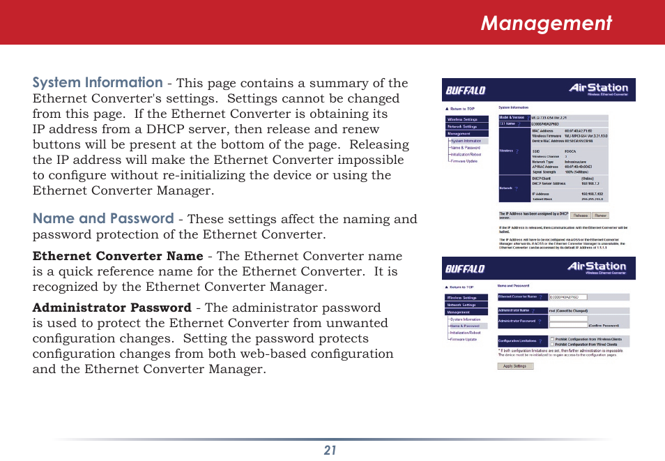 Management | Buffalo Technology WLI-TX4-G54HP User Manual | Page 21 / 30