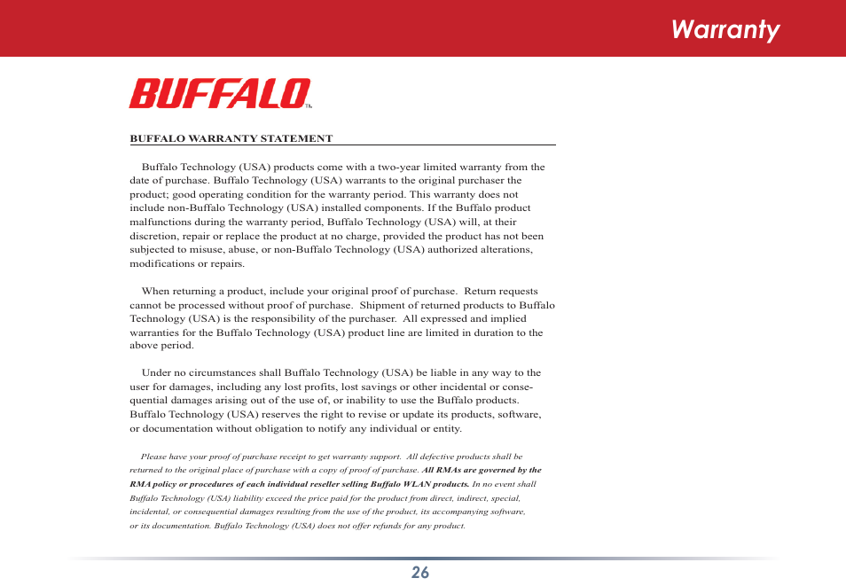 Warranty | Buffalo Technology WLI-TX4-G54HP User Manual | Page 26 / 30