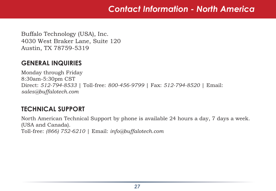 Contact information - north america | Buffalo Technology WLI-TX4-G54HP User Manual | Page 27 / 30