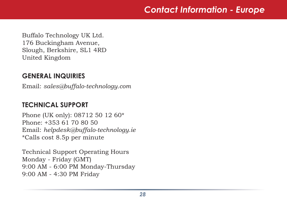 Contact information - europe | Buffalo Technology WLI-TX4-G54HP User Manual | Page 28 / 30