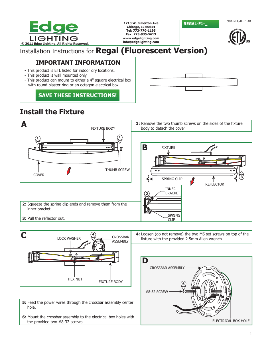 Edge Lighting Regal User Manual | 2 pages