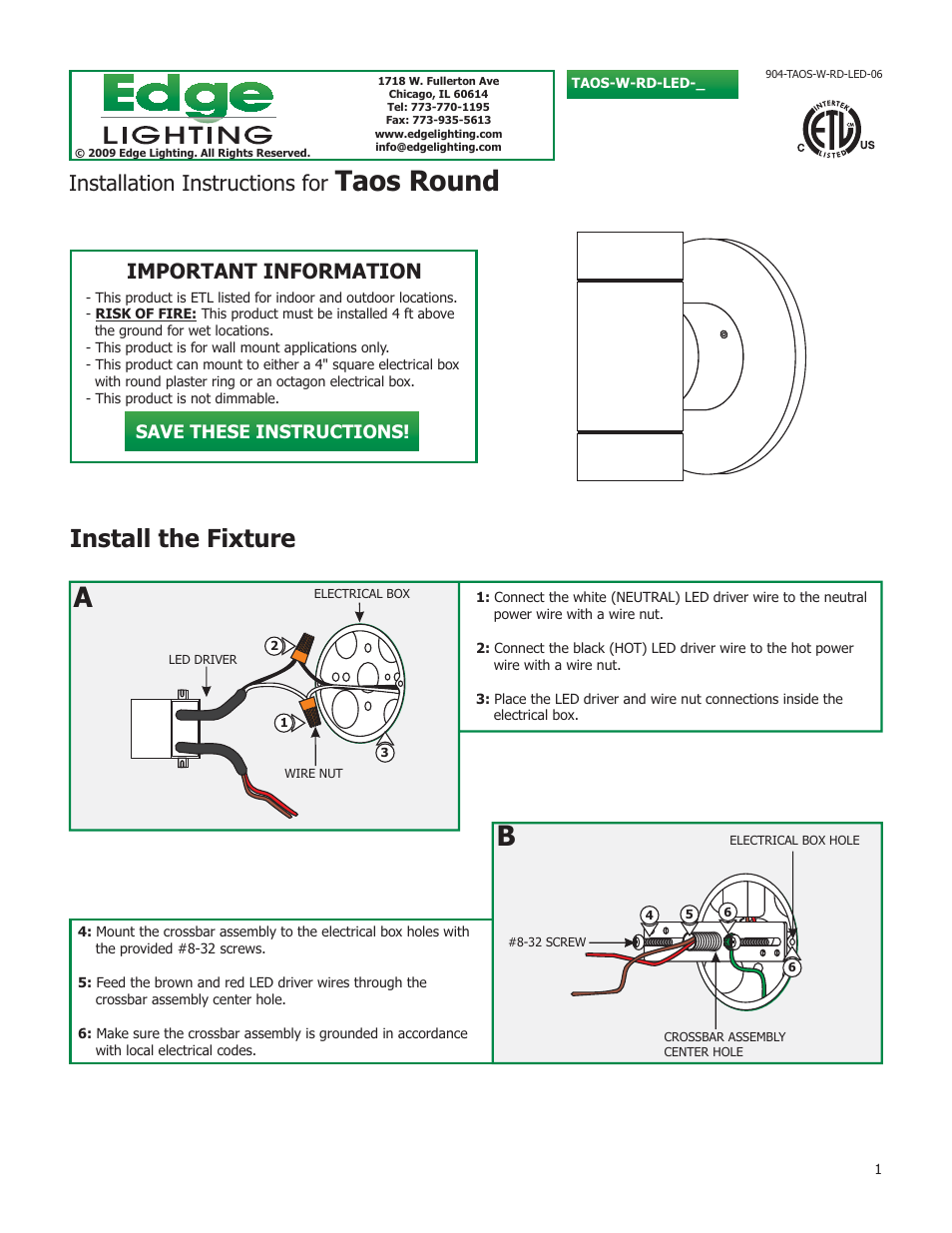 Edge Lighting Taos Round LED User Manual | 2 pages